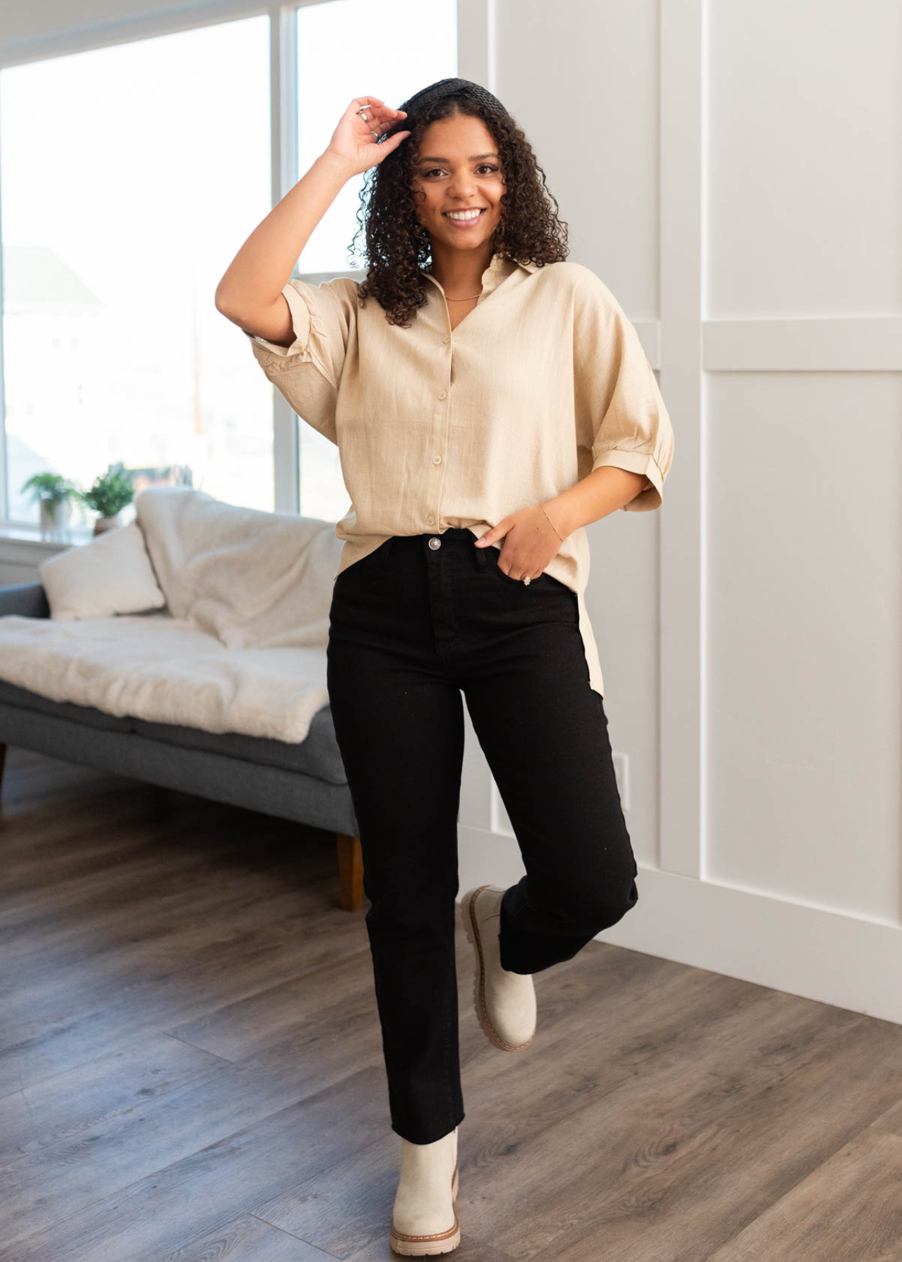 Front view of the taupe linen button down shirt