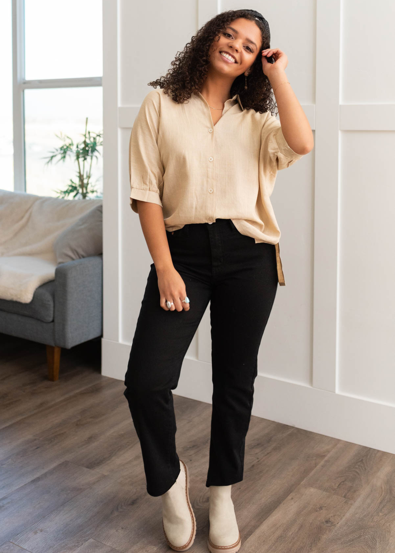 Taupe linen button down shirt