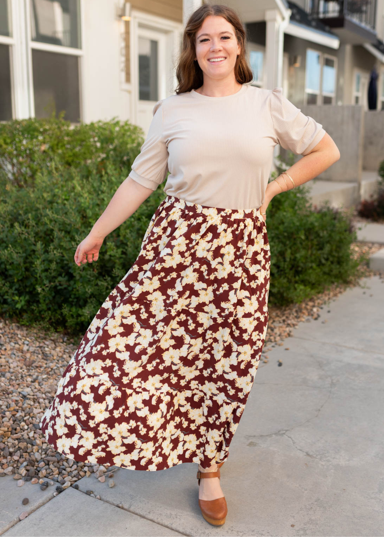 Pletated burgundy multi floral skirt