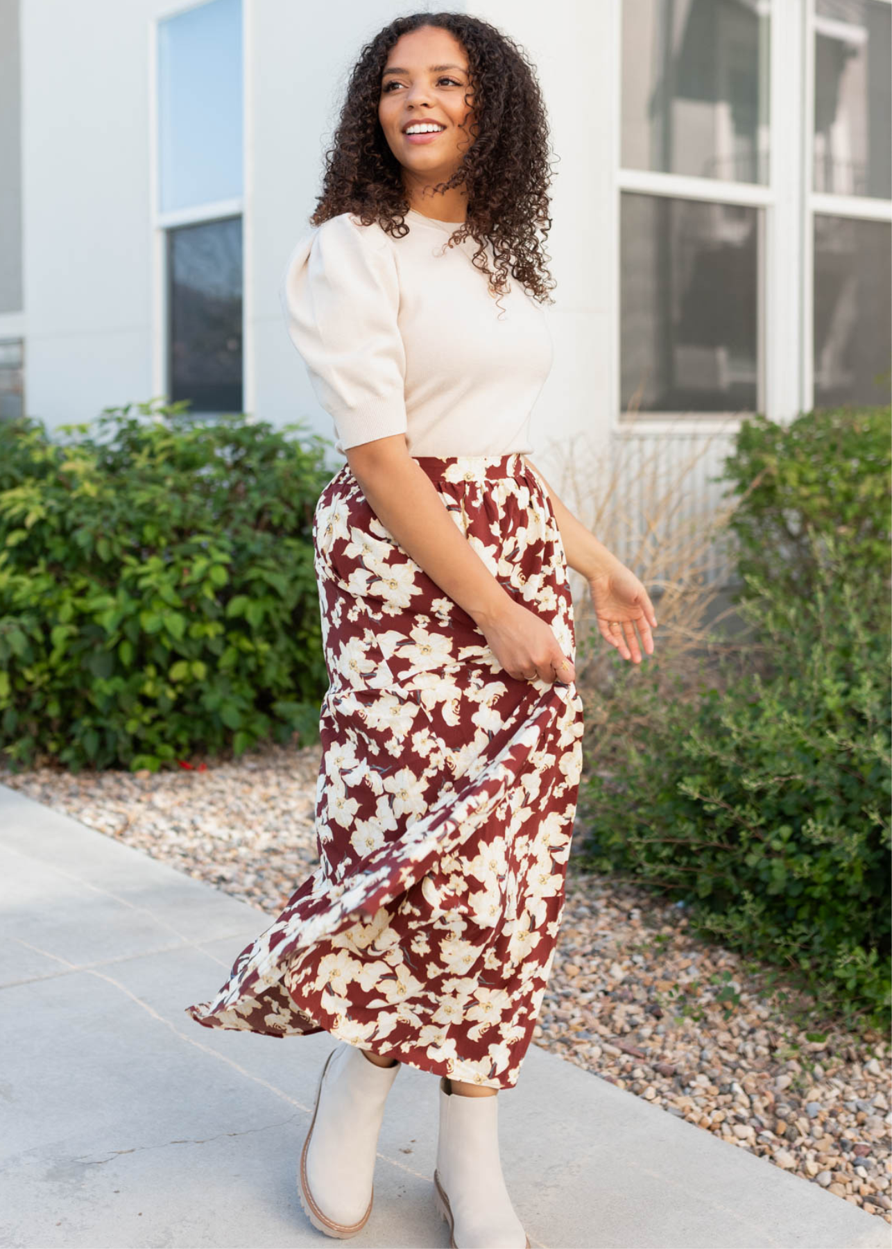 Front view of the burgundy multi floral skirt