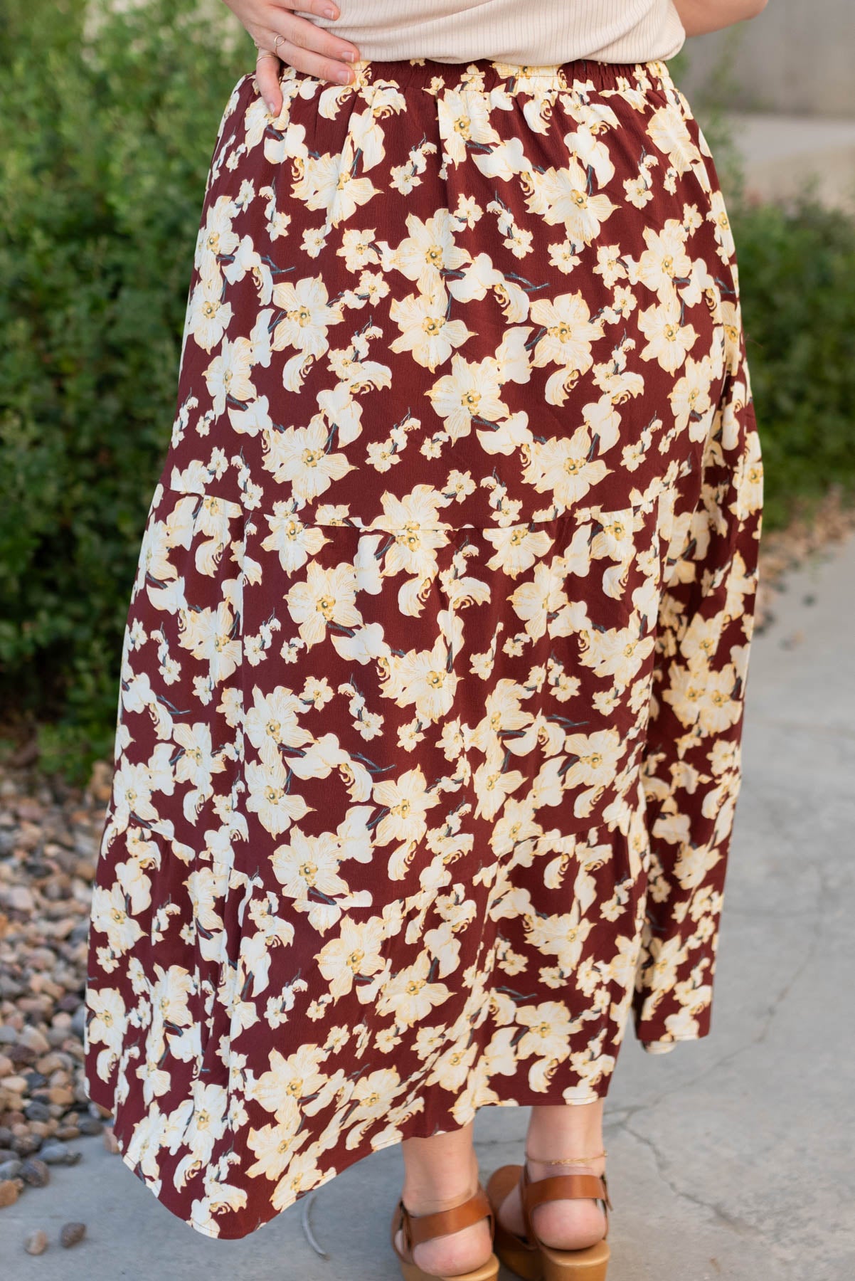 Back view of the plus size burgundy multi floral skirt