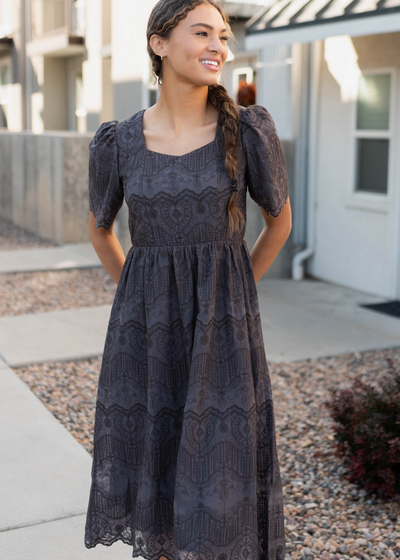 Lace charcoal embroiderred dress