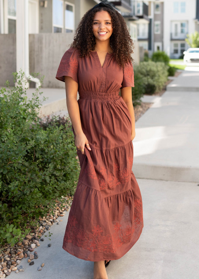 Burgundy embroidered detail dress