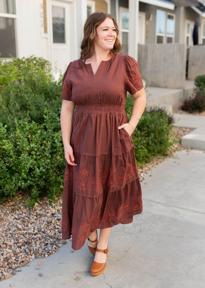 Plus size burgundy embroidered detail dress