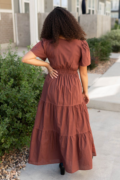 Back view of the burgundy embroidered detail dress