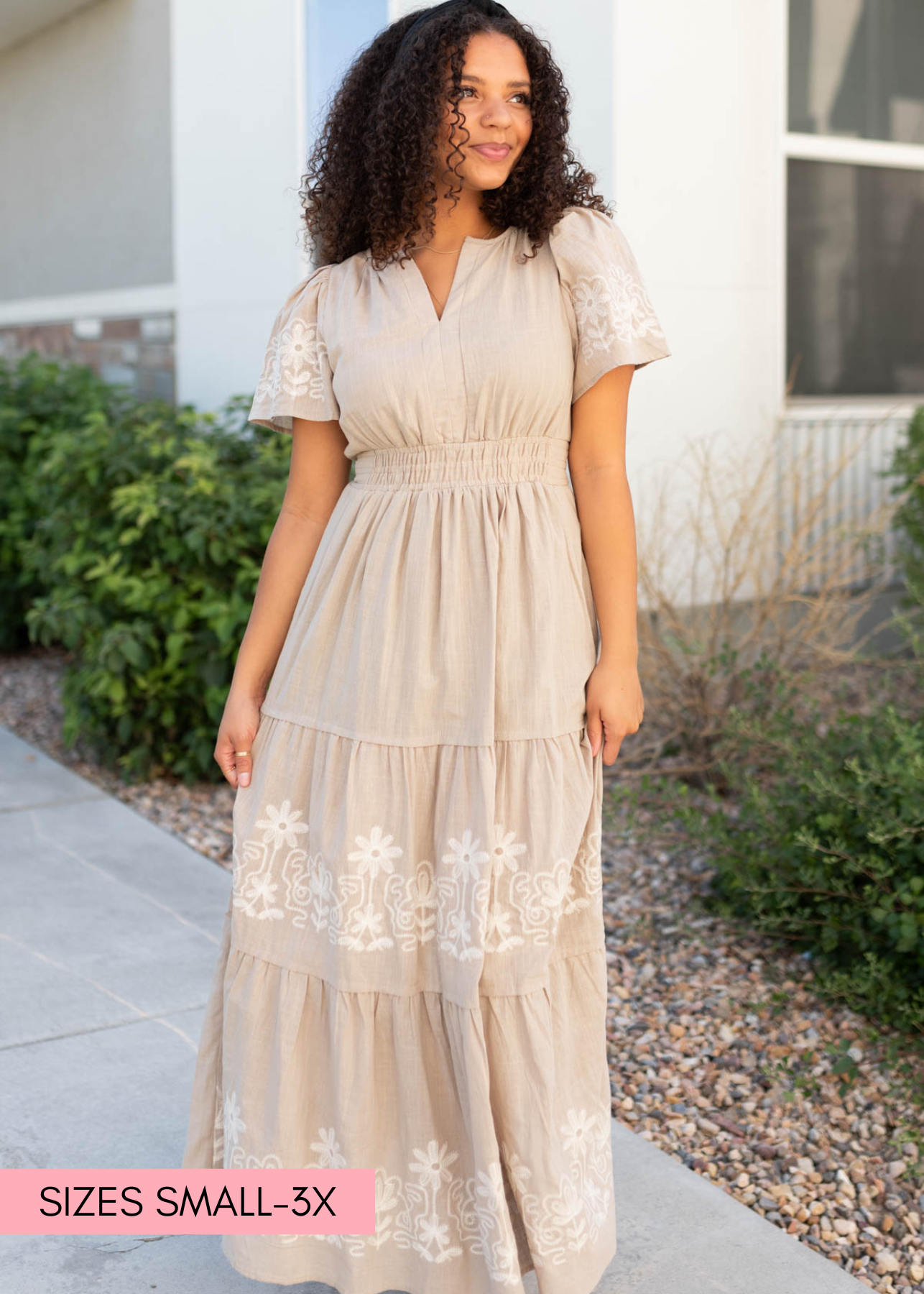 Taupe embroidered detail dress with embroidery on the sleeves and skirt