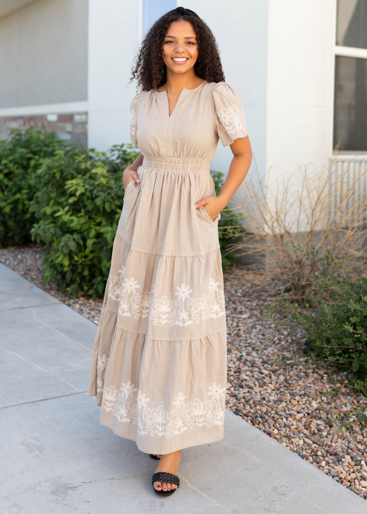 Taupe embroidered detail dress