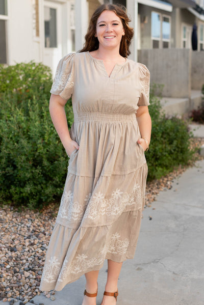 Plus size taupe embroidered detail dress with elastic waist