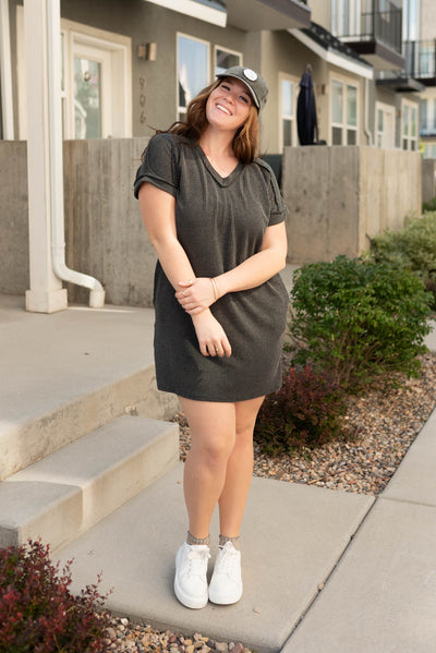 V-neck plus size charcoal ribbed t-shirt dress