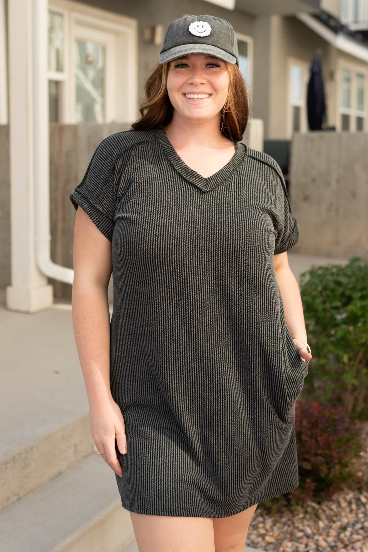 Short sleeve mini plus size charcoal ribbed t-shirt dress