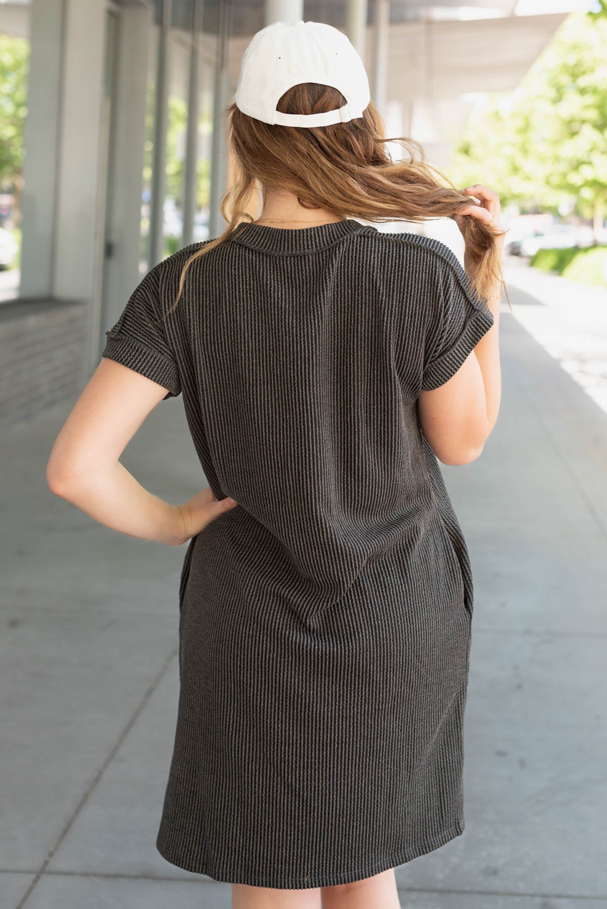 Back view of the charcoal ribbed t-shirt dress