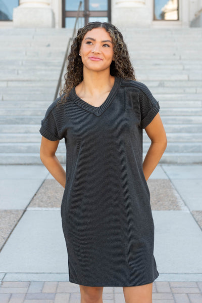 Charcoal ribbed t-shirt dress with v-neck