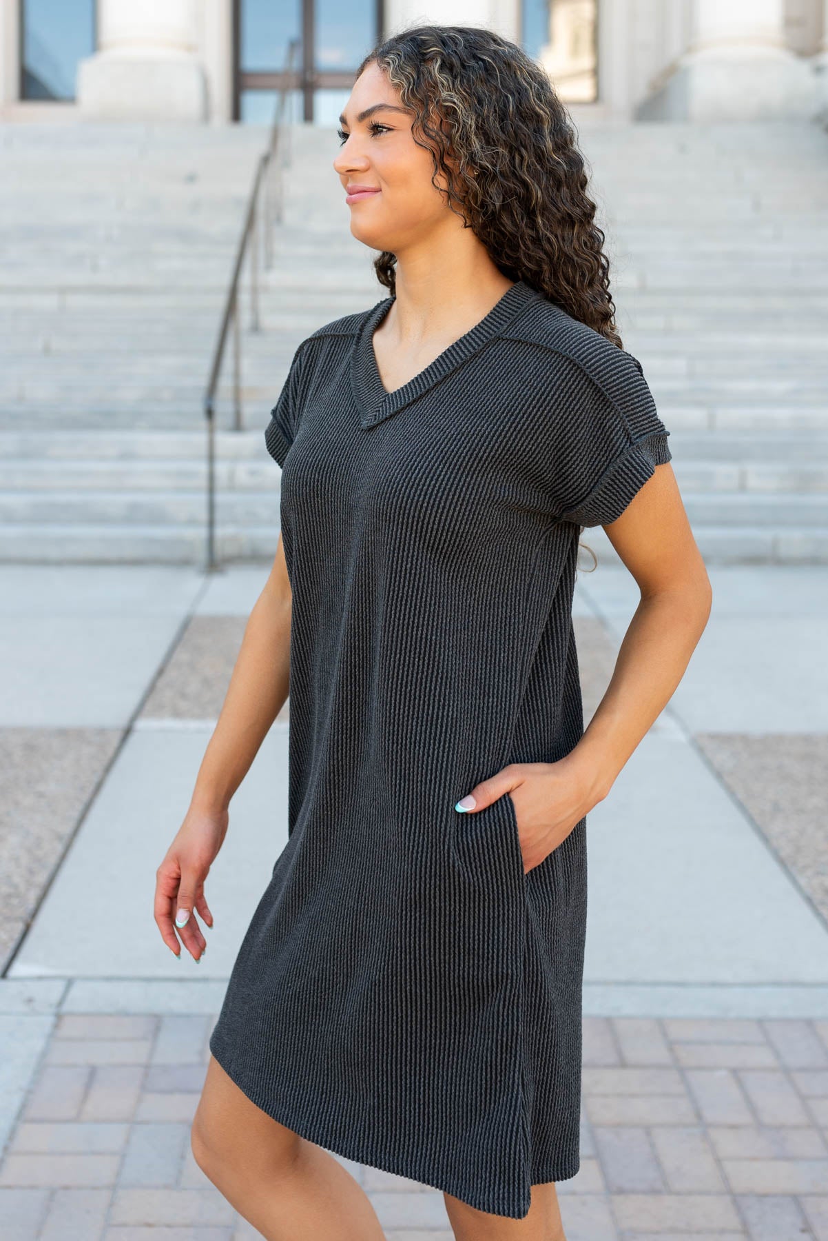 Side view of the charcoal ribbed t-shirt dress