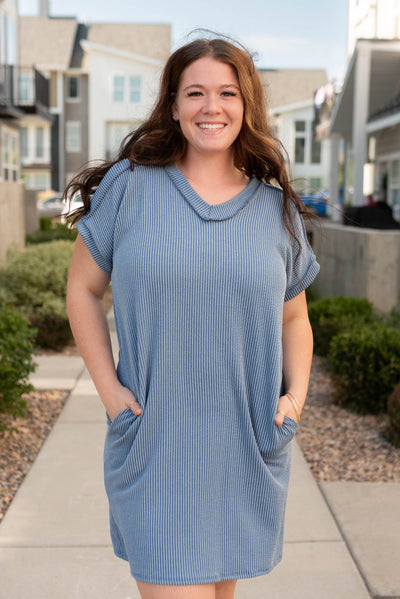 Plus size denim blue ribbed t-shirt dress with pockets