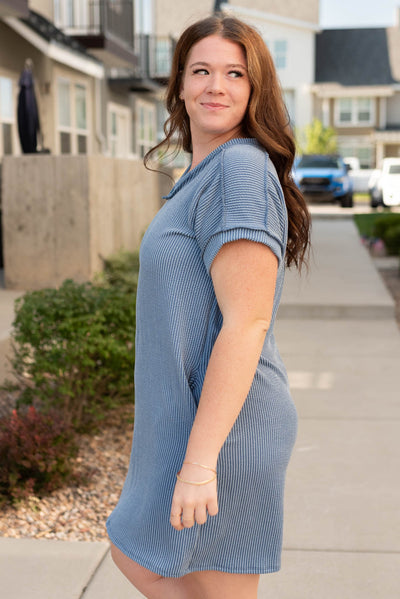 Side view of the plus size denim blue ribbed t-shirt dress