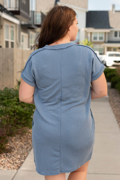 Back view of the plus size denim blue ribbed t-shirt dress