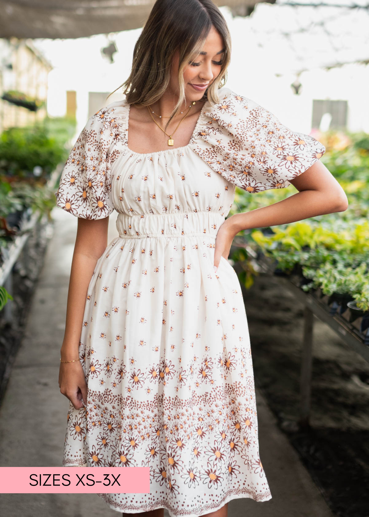 Beige daisy dress with square neck and smocked bodice