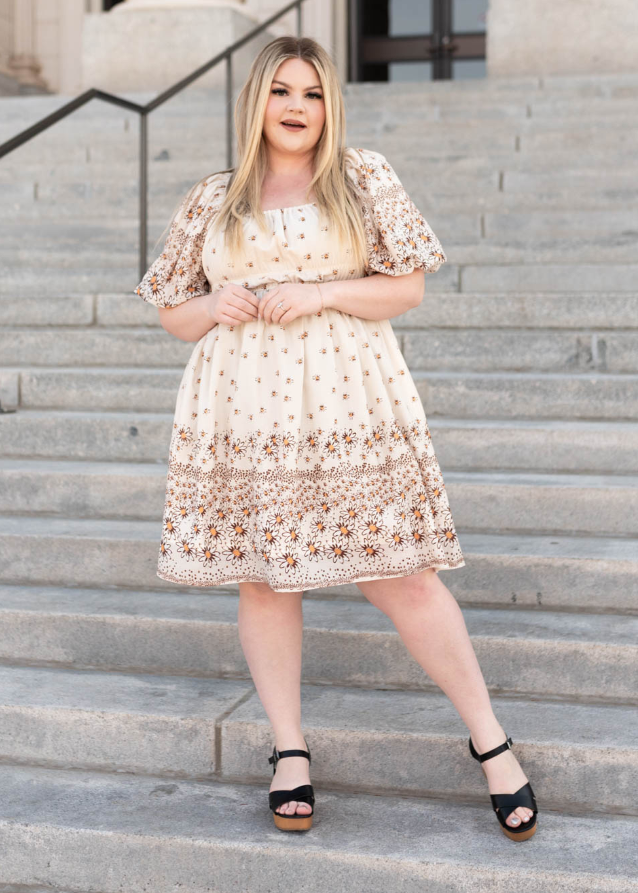 Knee length plus size beige daisy dress