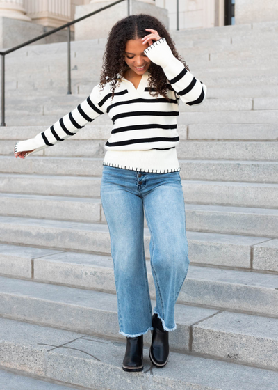 Ivory black stripe sweater with long sleeves