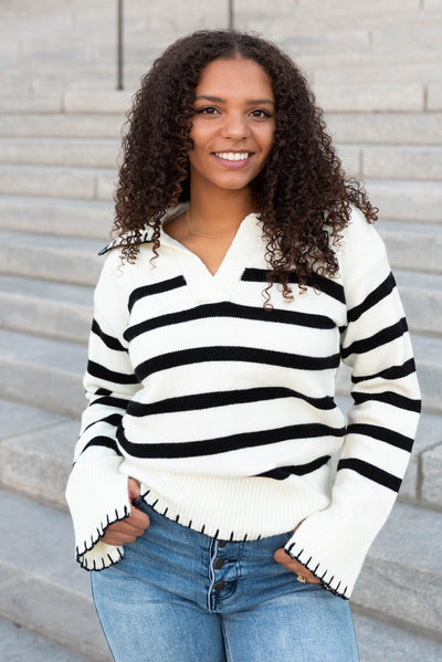 Long sleeve ivory black stripe sweater