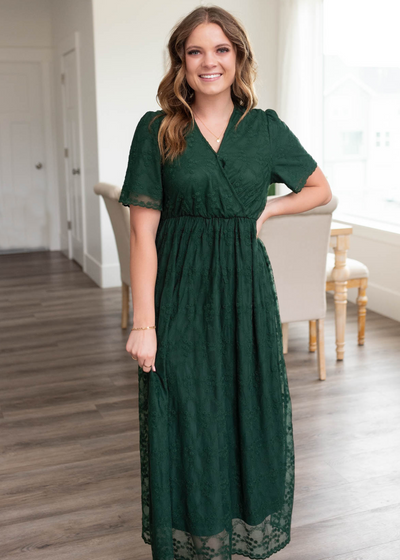 Hunter green lace floral dress with short sleeves