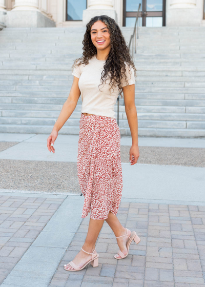 Wrap look rust floral knot skirt