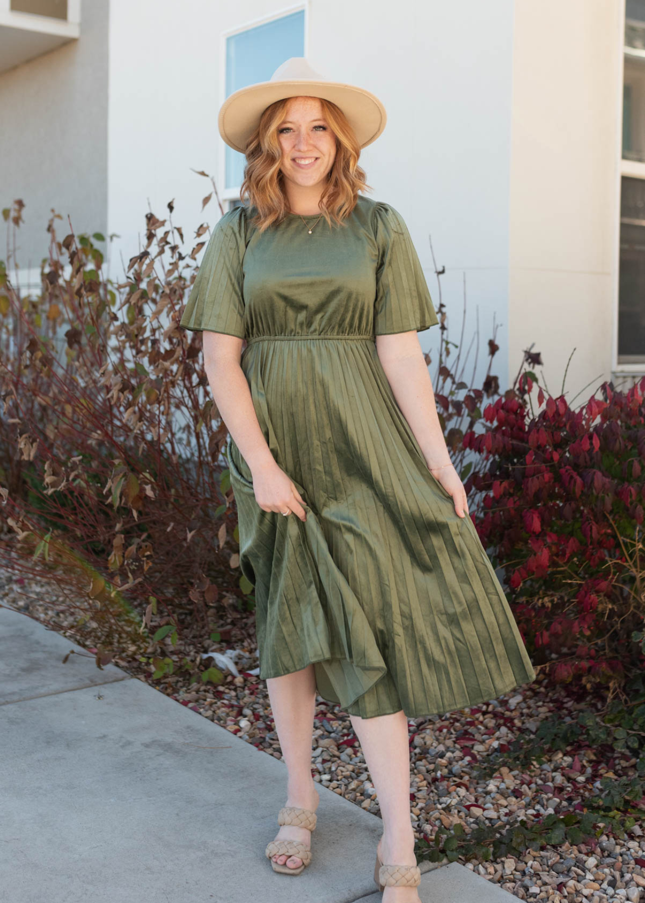 Olive pleated velvet dress