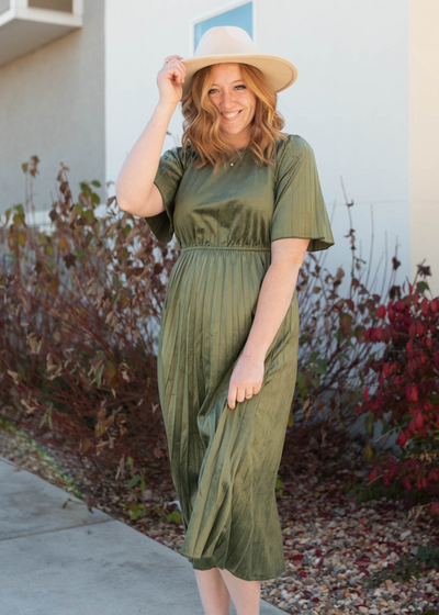 High waisted olive pleated velvet dress