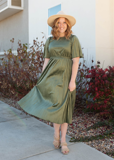 Short sleeve olive pleated velvet dress with a high waist