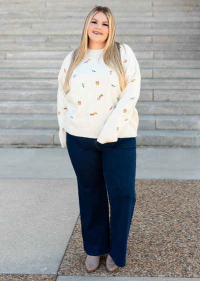 Plus size ivory floral embroidered sweater