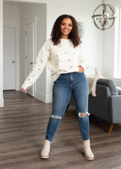 Floral embroidered sweater