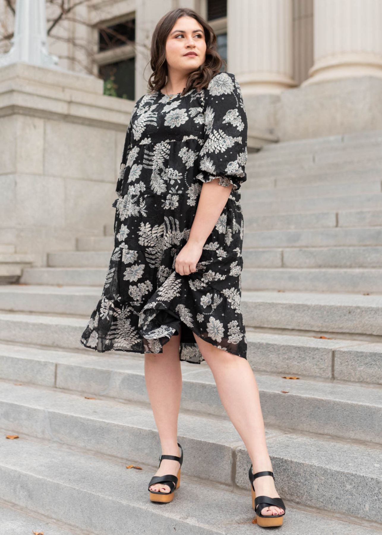 3/4 sleeve plus size black floral dress