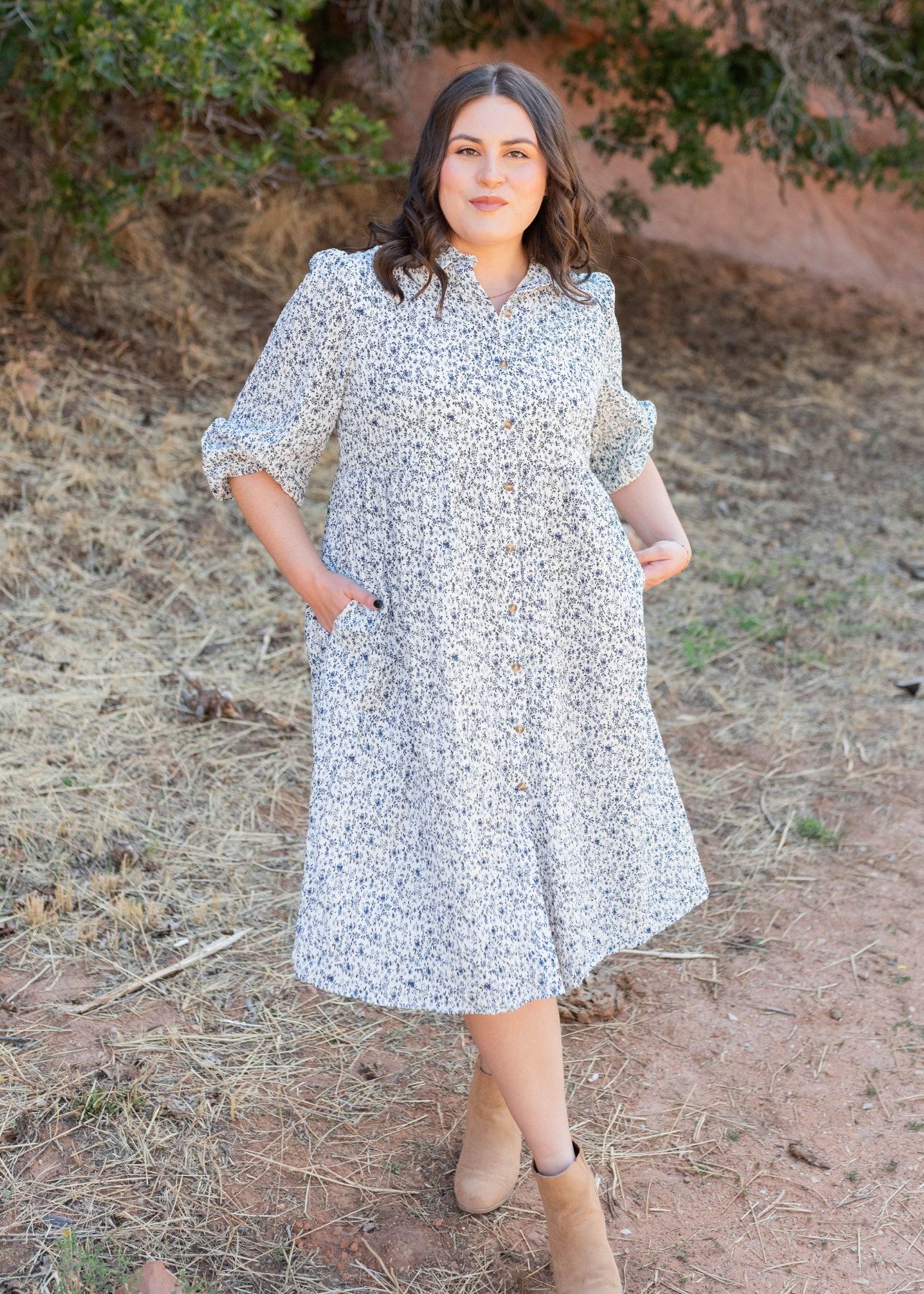 Below the knee plus size blue floral button dress