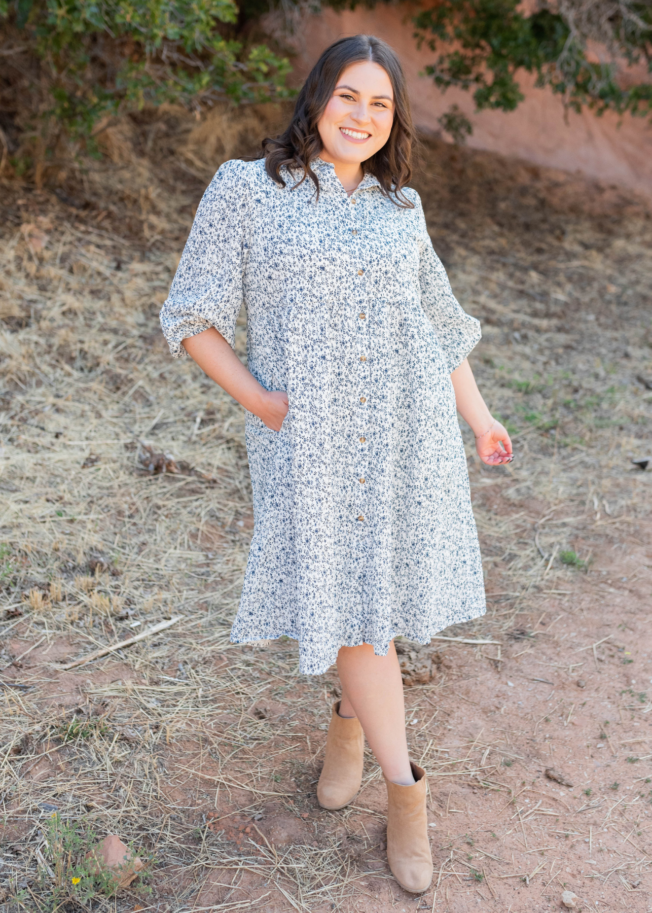 Plus size collared blue floral button dress