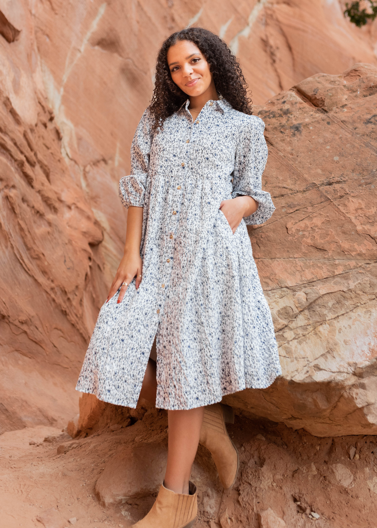 Blue floral button dress with 3/4 sleeve