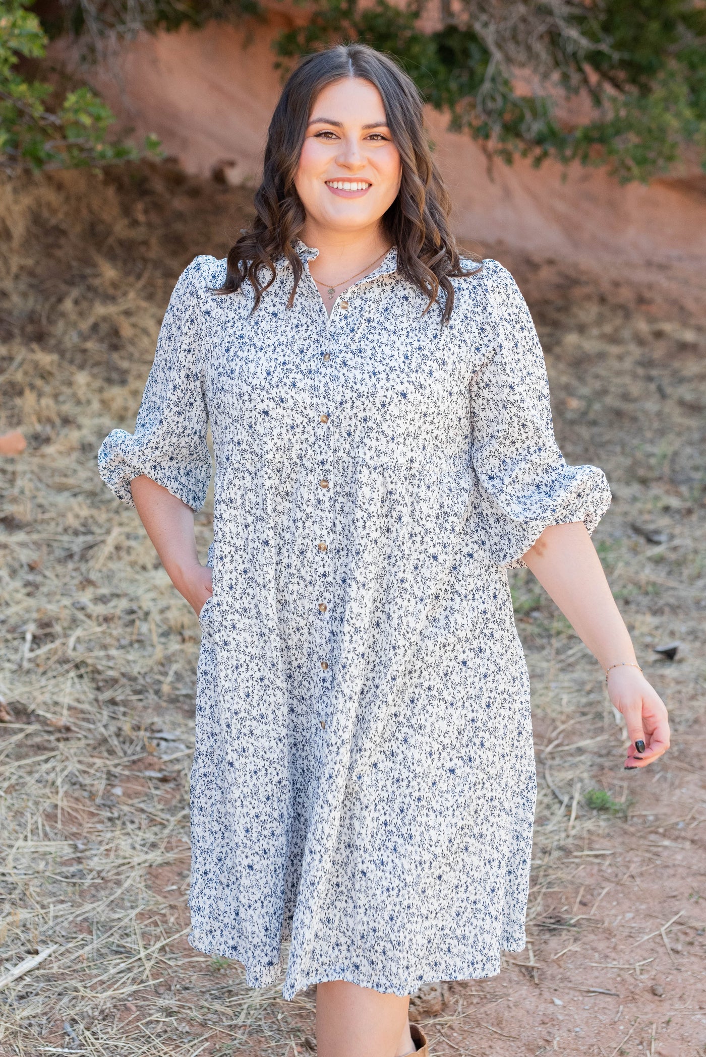 Button up bodice on the blue floral button dress in plus size