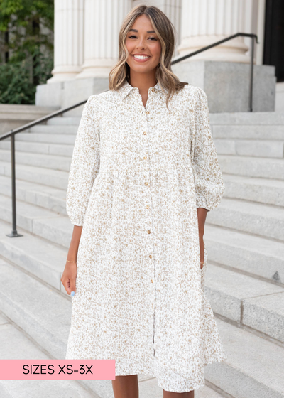 Taupe floral button dress with 3/4 sleeves