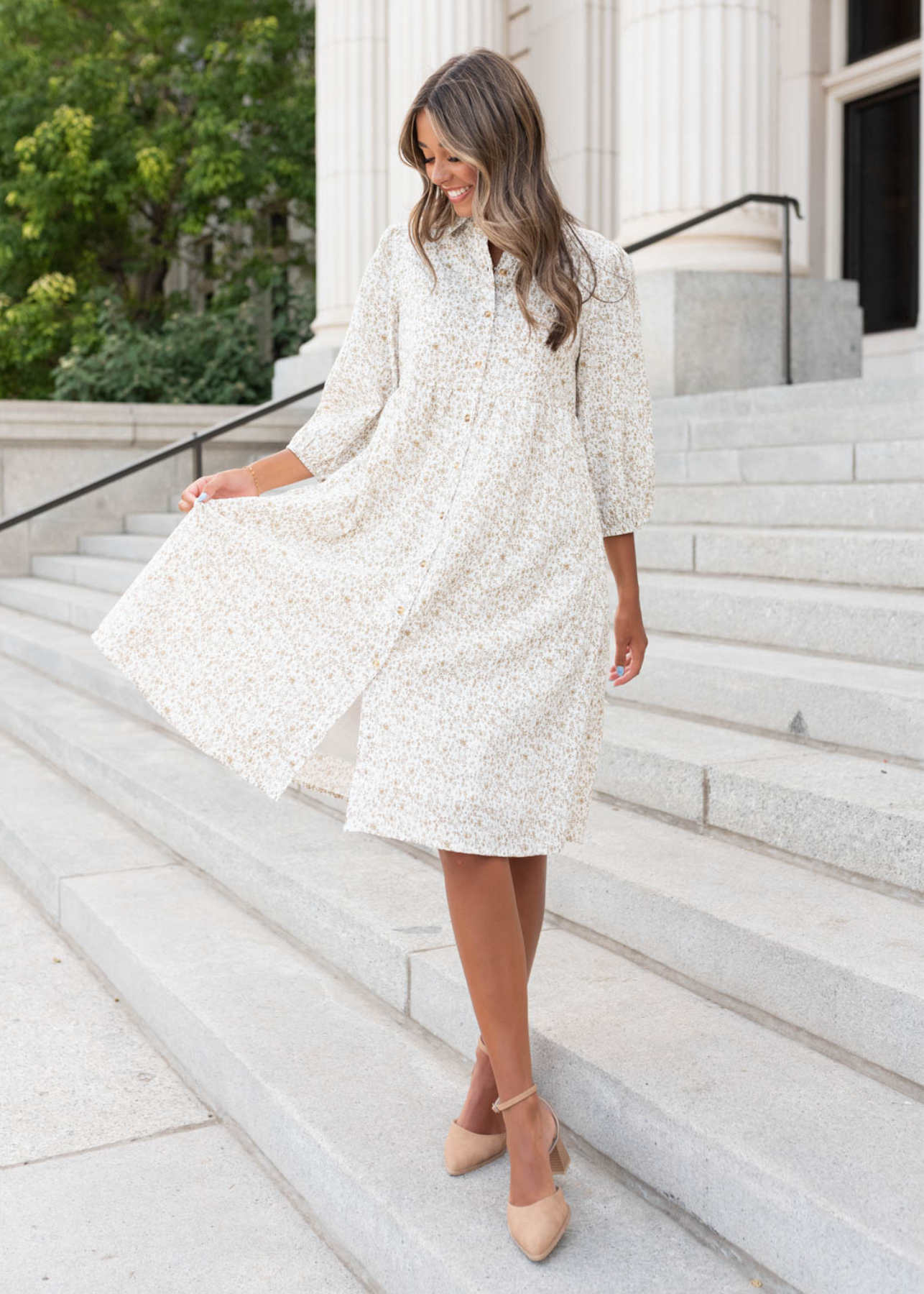 3/4 sleeve taupe floral button dress