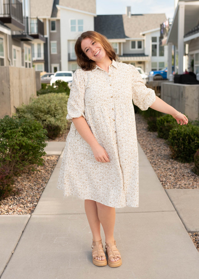 Plus size taupe floral button dress