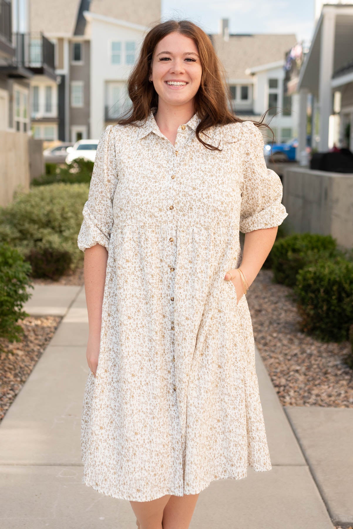 Plus size taupe floral button dress with short sleeves