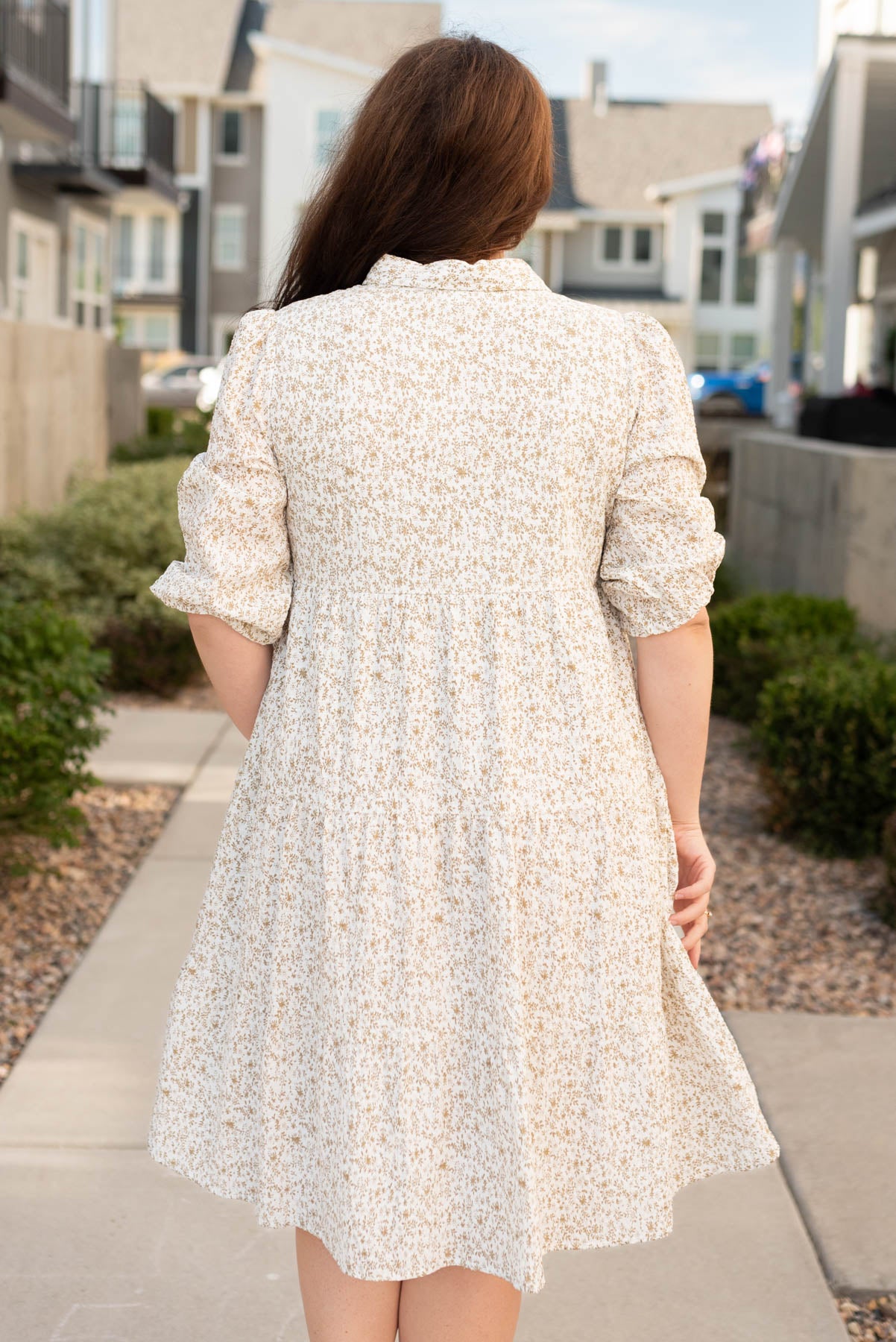 Back view of theplus size  taupe floral button dress