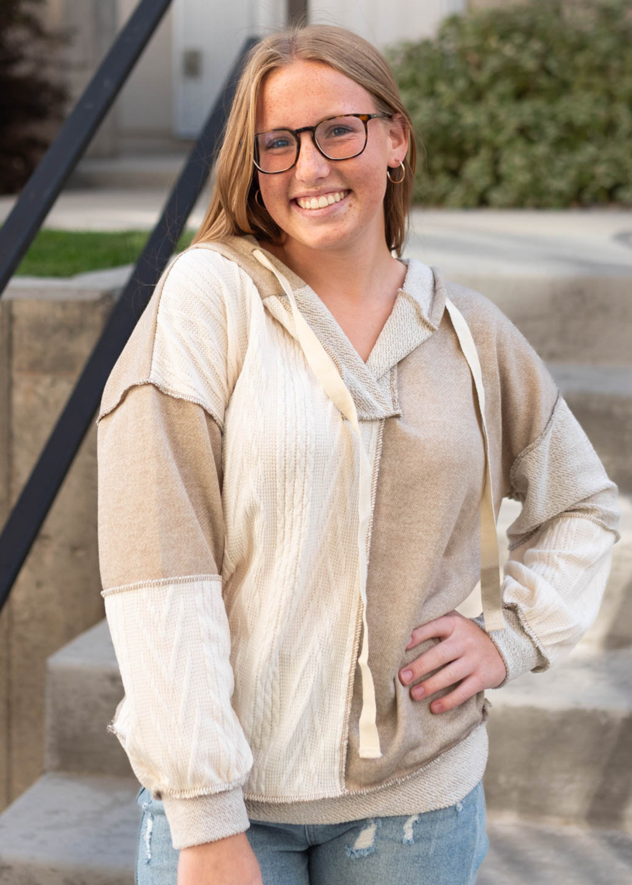 Taupe hoodie with  ivory patchwork pieces