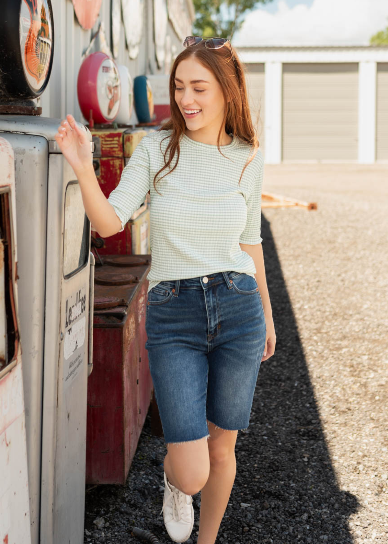 Front view of the sage plaid top