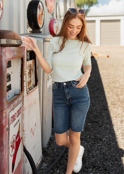 Sage plaid top with short sleeves