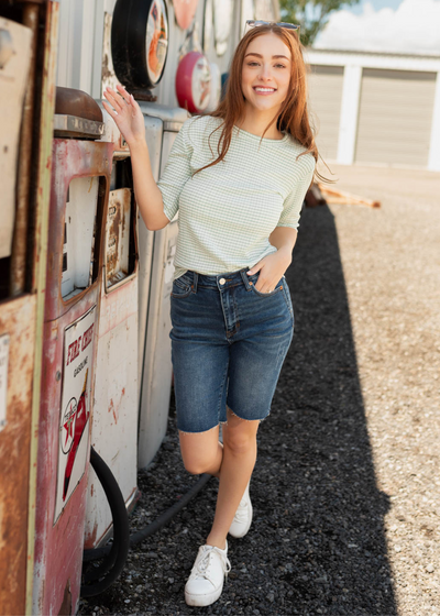 Short sleeve sage plaid top