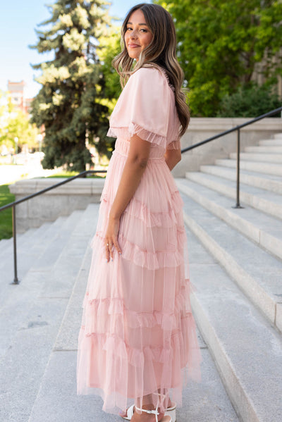 Side view of the blush maxi dress