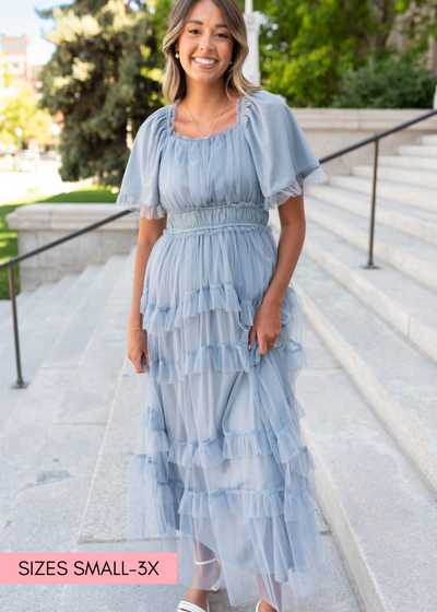 Dusty blue maxi dress with short sleeves and square neck