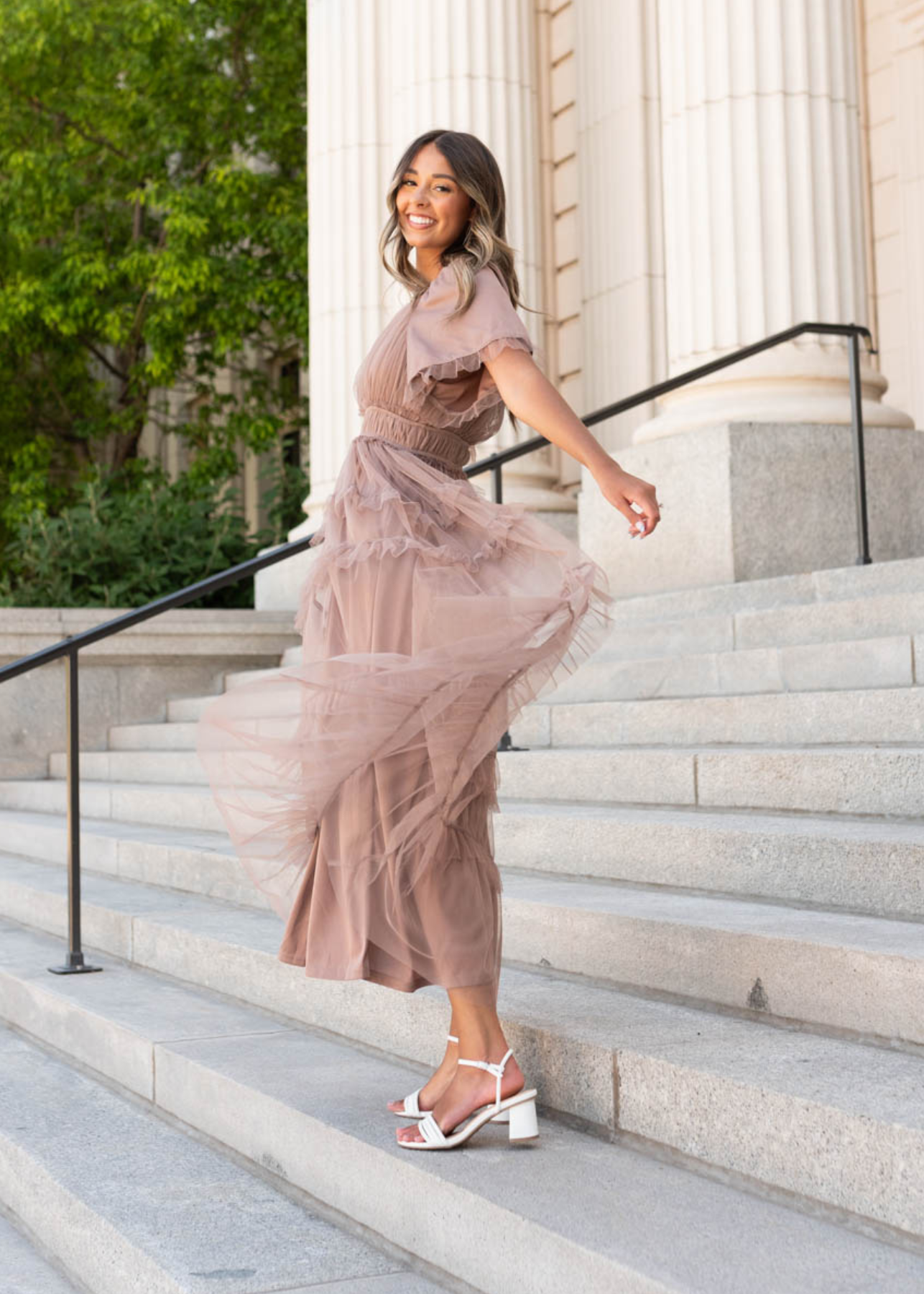 Short sleeve mocha maxi dress with ruffles on skirt