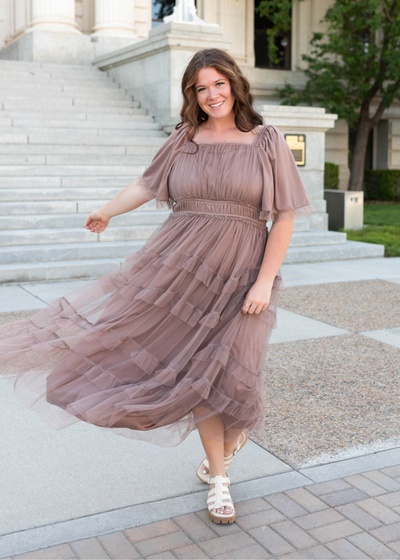 Plus size mocha maxi dress with short sleeves