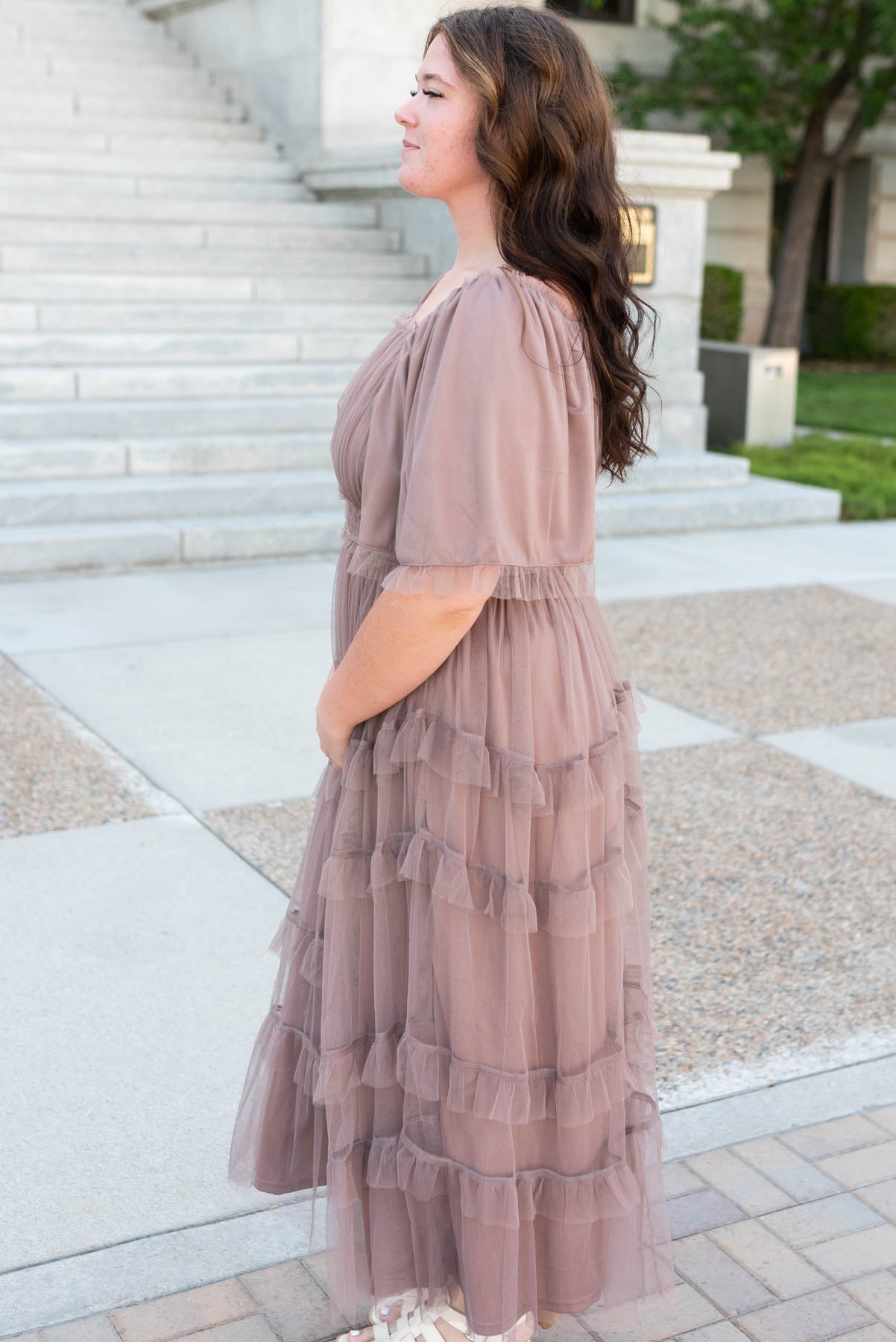 Side view of the plus size mocha maxi dress